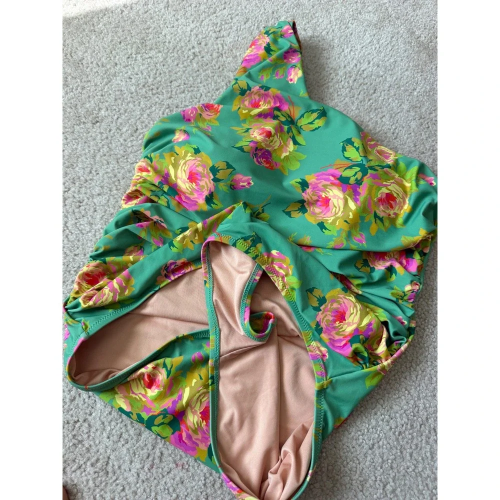 J Crew Swimsuit Ruched one shoulder one piece rose garden Green 14